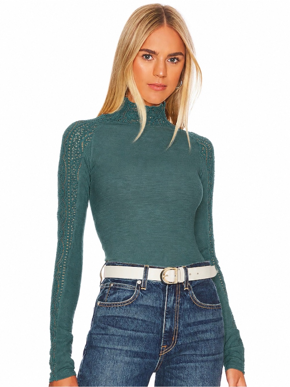 NEW Free people Freddie rib and lace turtleneck in dark green XS